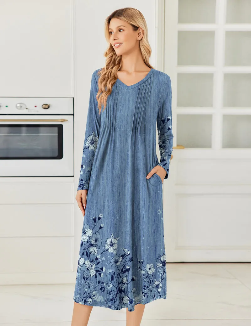 Ekouaer Long Sleeve Floral Pleated Nightgown with Pockets sold by Ekouaer