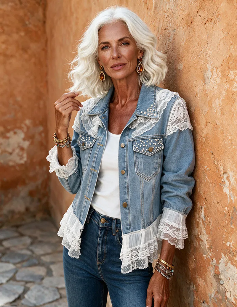 Ekouaer Denim Lace Pearl Embellished Jacket sold by Ekouaer product image thumbnail 4