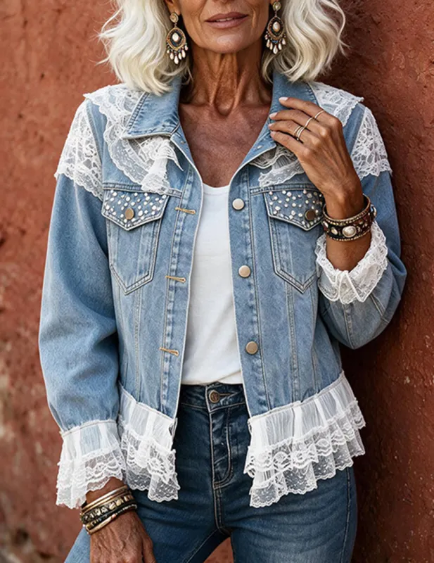 Ekouaer Denim Lace Pearl Embellished Jacket made by Ekouaer