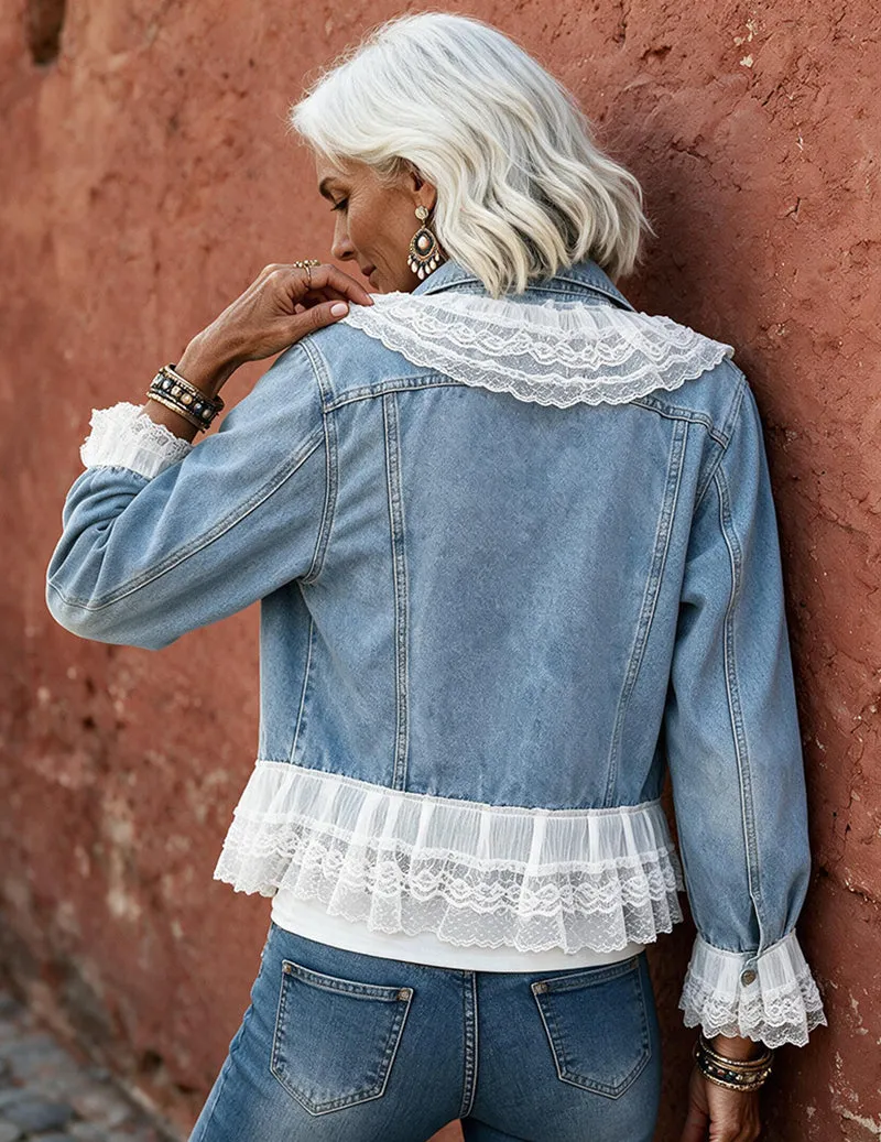 Ekouaer Denim Lace Pearl Embellished Jacket sold by Ekouaer product image thumbnail 5