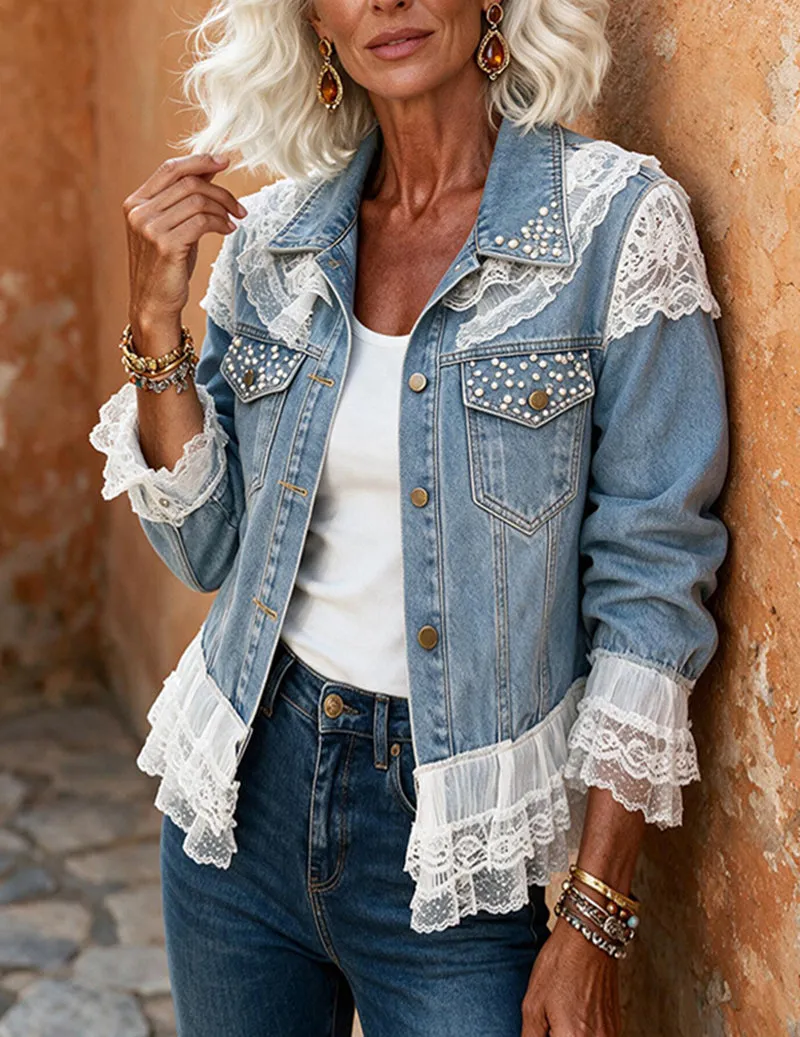 Ekouaer Denim Lace Pearl Embellished Jacket sold by Ekouaer product image thumbnail 2