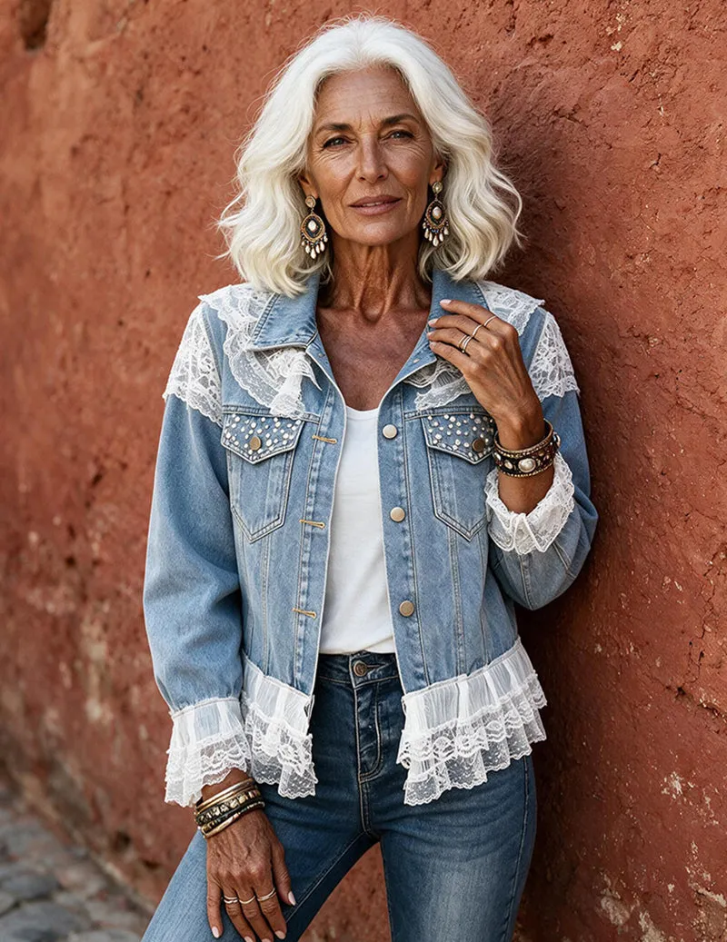 Ekouaer Denim Lace Pearl Embellished Jacket sold by Ekouaer product image thumbnail 3