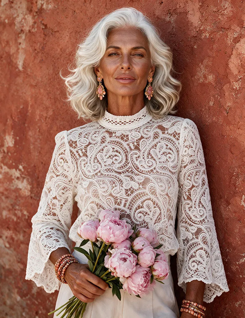 Ekouaer French Lace Stand Collar Long Sleeve Top sold by Ekouaer product image thumbnail 5
