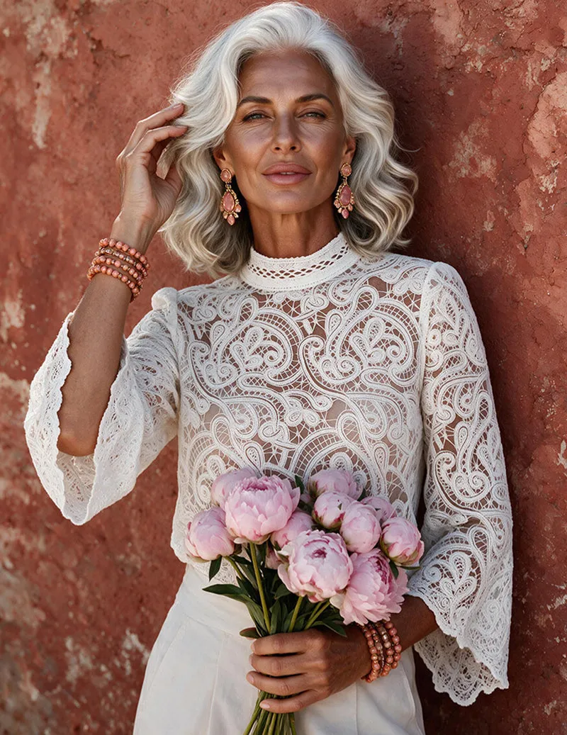 Ekouaer French Lace Stand Collar Long Sleeve Top sold by Ekouaer product image thumbnail 3