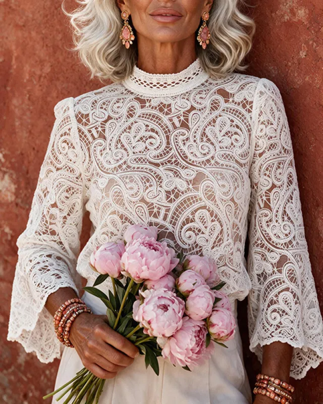 Ekouaer French Lace Stand Collar Long Sleeve Top made by Ekouaer