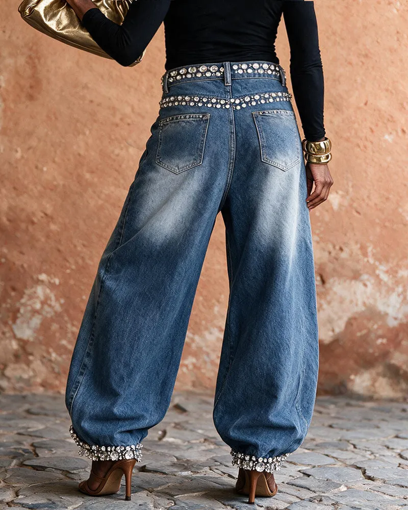 Ekouaer Rhinestone Embellished Denim Straight Leg Pants sold by Ekouaer product image thumbnail 2