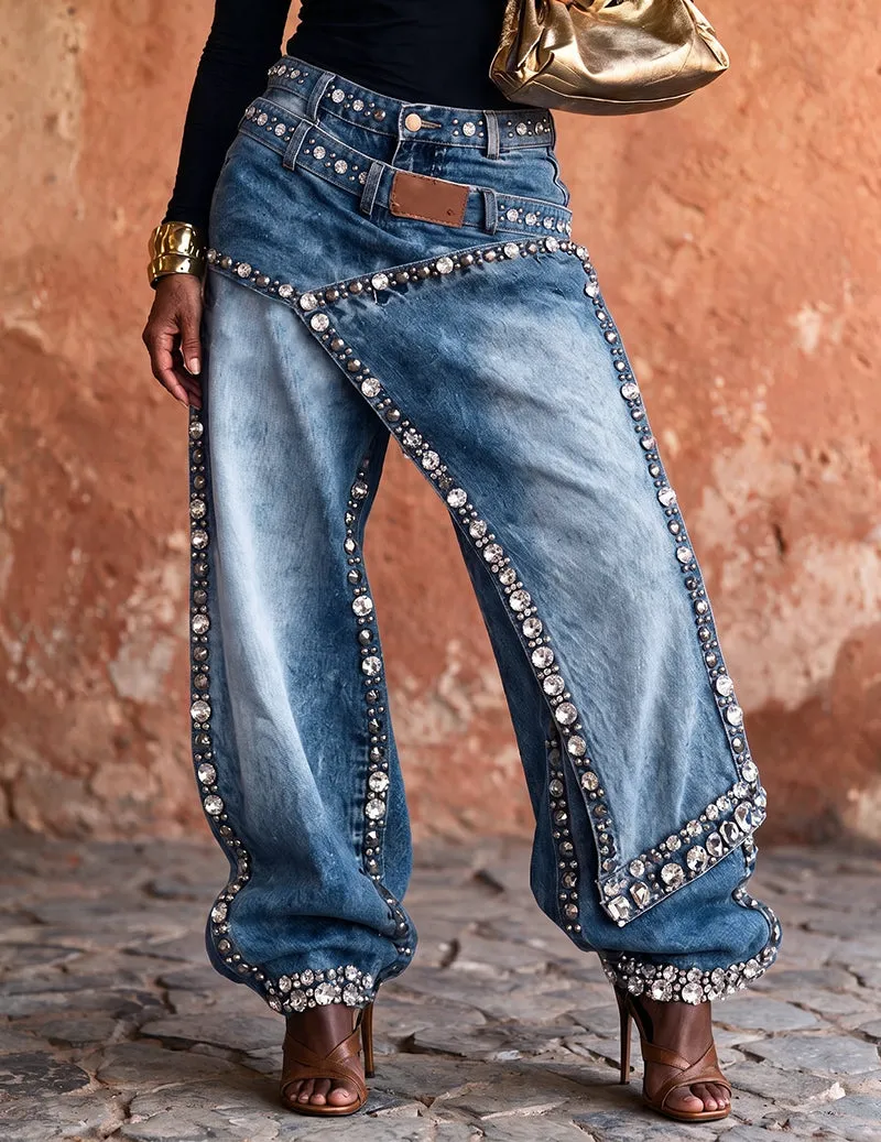 Ekouaer Rhinestone Embellished Denim Straight Leg Pants sold by Ekouaer