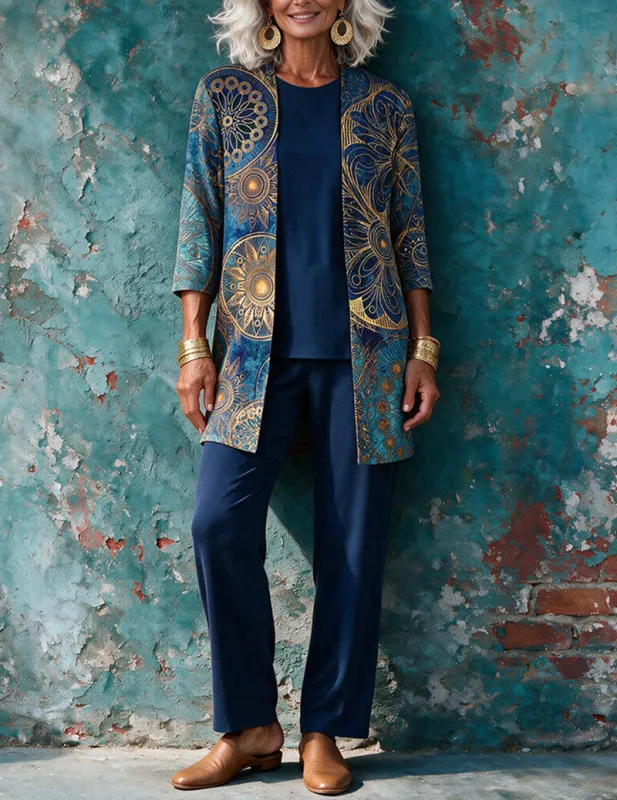 Ekouaer Mandala Print 3-Piece Lounge Set – Open Cardigan, Tank Top & Wide-Leg Pants made by Ekouaer