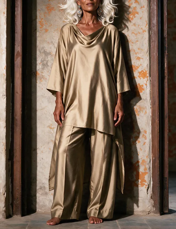 Ekouaer Satin 2-Piece Lounge Set – Cowl Neck Batwing Top & Wide-Leg Pants made by Ekouaer