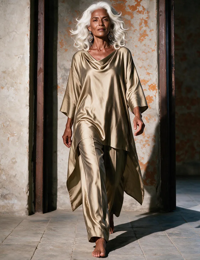 Ekouaer Satin 2-Piece Lounge Set – Cowl Neck Batwing Top & Wide-Leg Pants sold by Ekouaer product image thumbnail 3