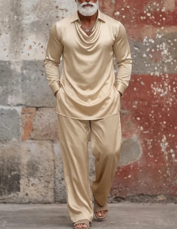 Men Satin Silky Long Sleeve Draped Cowl Neck Top & Wide-Leg Pants Two-Piece Set made by Ekouaer