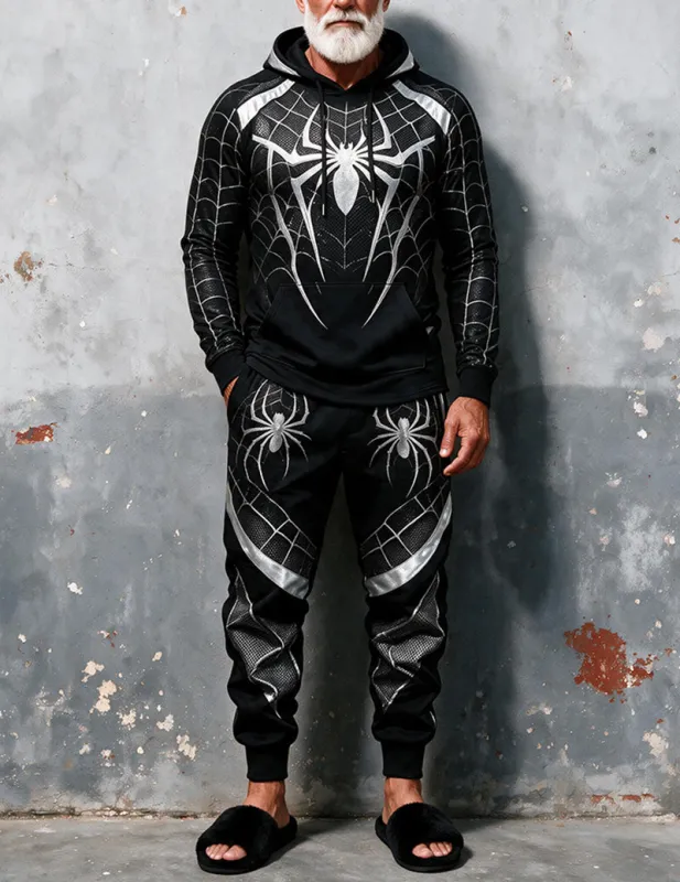 Men Spider Web Print Long Sleeve Hoodie & Jogger Pants Halloween Two-Piece Set made by Ekouaer