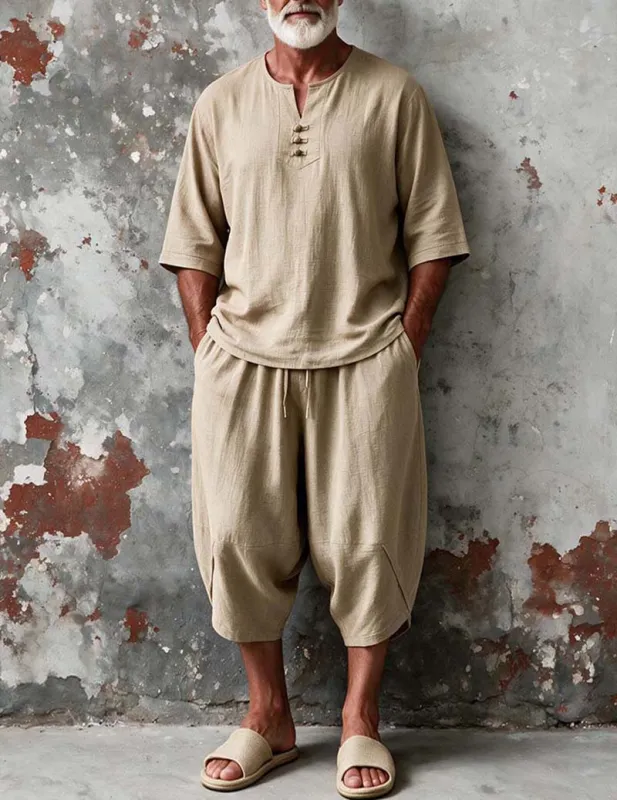 Men Linen-Feel Short Sleeve Henley Top & Cropped Harem Pants Two-Piece Lounge Set made by Ekouaer