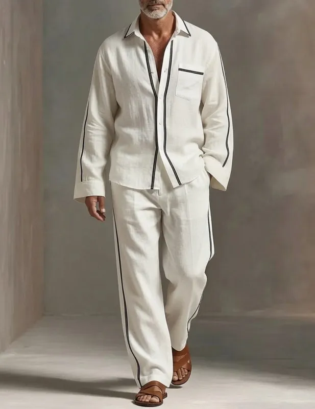 Men's Soft Knit Lounge Set Long Sleeve Crew Neck Top and Drawstring Pants Pajama Set made by Ekouaer