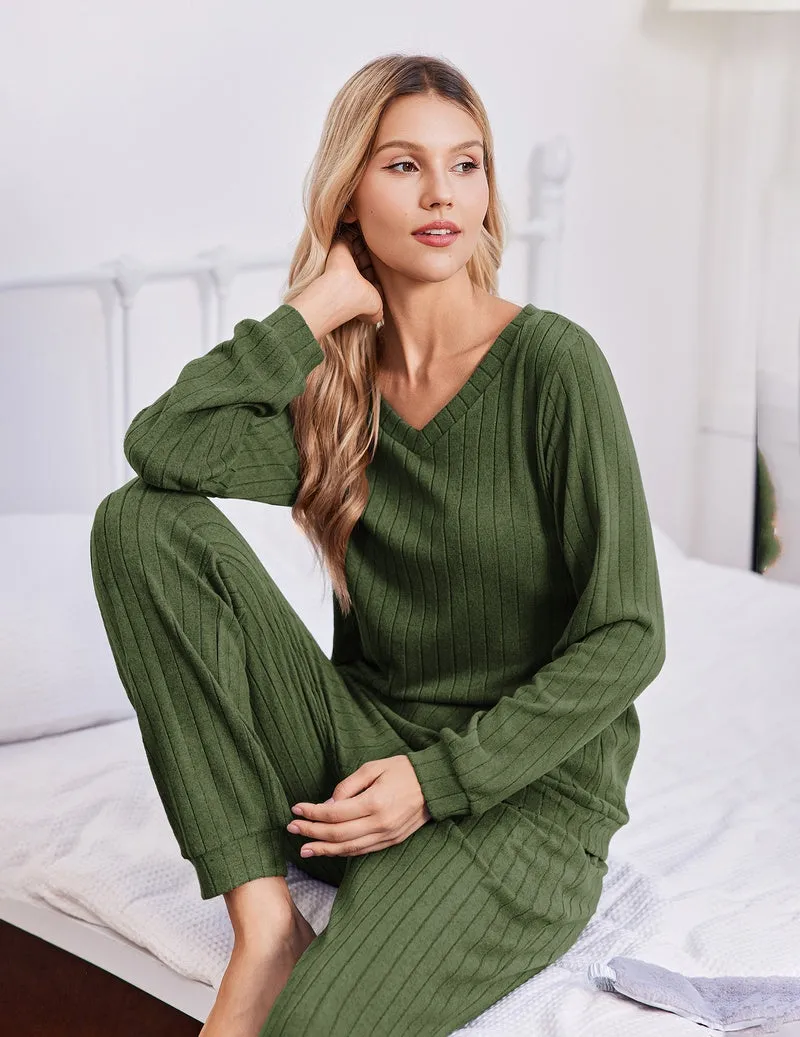 Ribbed Knit V-Neck Long Sleeve Top & Drawstring Pants Pajama Set sold by Ekouaer product image thumbnail 4