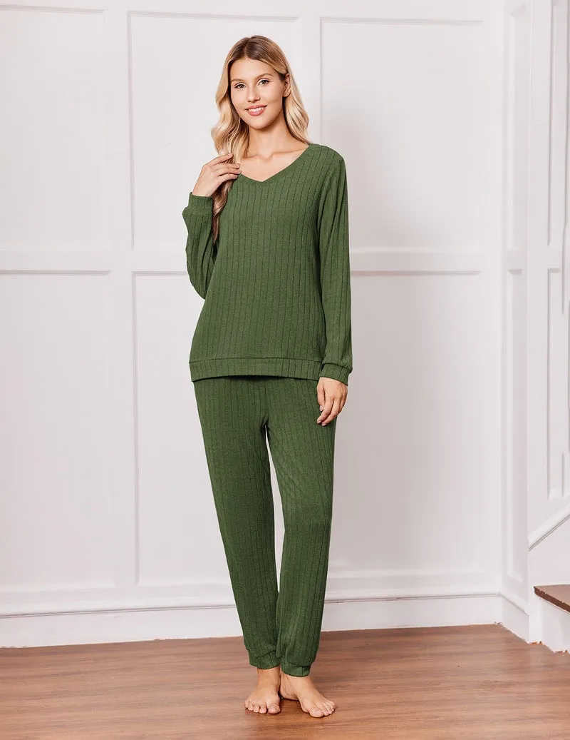 Ribbed Knit V-Neck Long Sleeve Top & Drawstring Pants Pajama Set sold by Ekouaer product image thumbnail 3