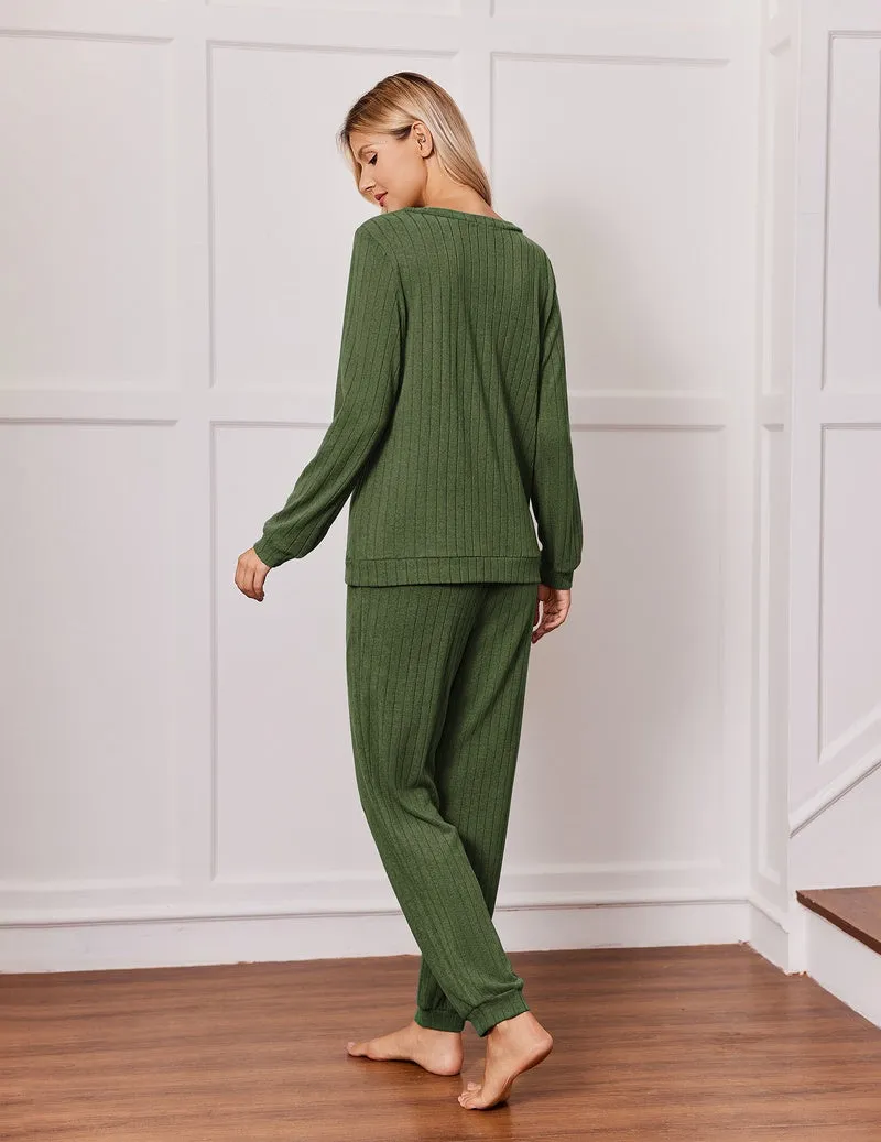 Ribbed Knit V-Neck Long Sleeve Top & Drawstring Pants Pajama Set sold by Ekouaer product image thumbnail 5