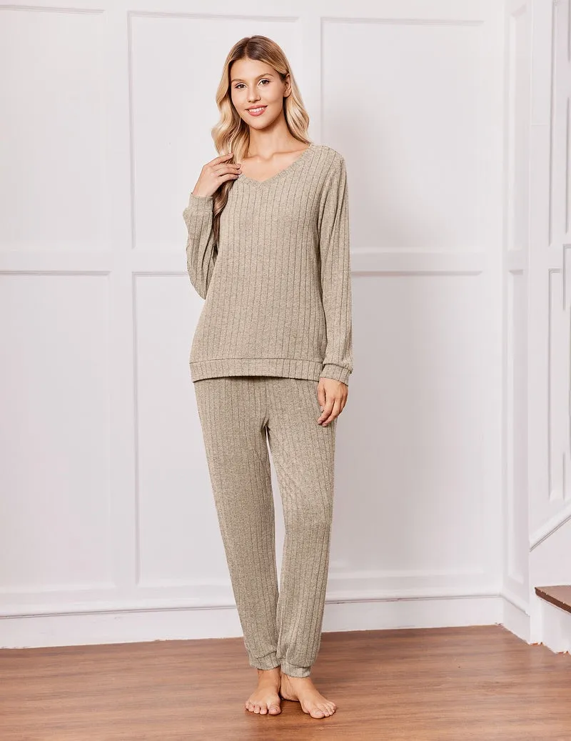 Ribbed Knit V-Neck Long Sleeve Top & Drawstring Pants Pajama Set sold by Ekouaer product image thumbnail 2