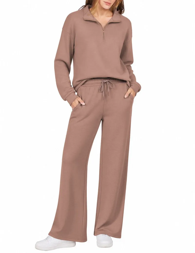 Half-Zip Turn-Down Collar Sweatshirt & Wide Leg Pants 2-Piece Set sold by Ekouaer product image thumbnail 5