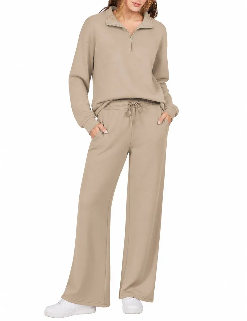 Half-Zip Turn-Down Collar Sweatshirt & Wide Leg Pants 2-Piece Set sold by Ekouaer product image thumbnail 2