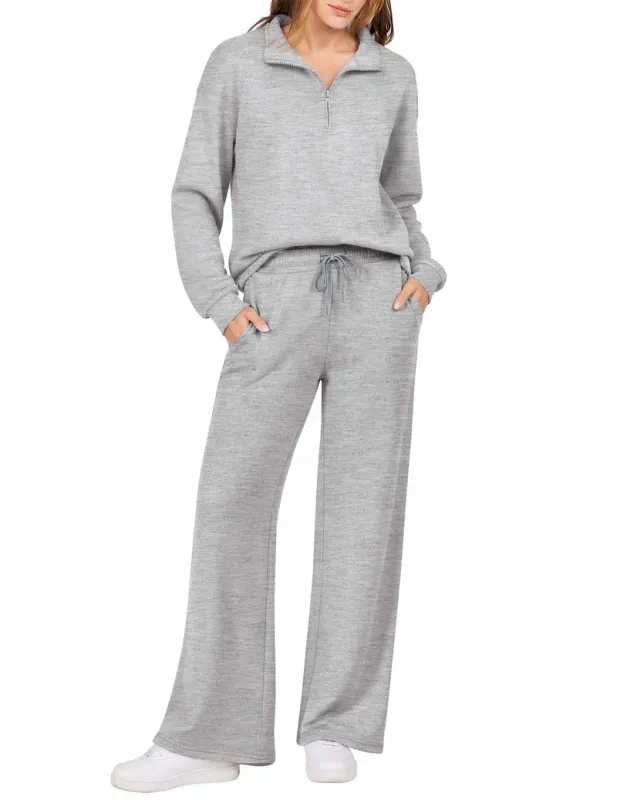 Half-Zip Turn-Down Collar Sweatshirt & Wide Leg Pants 2-Piece Set made by Ekouaer