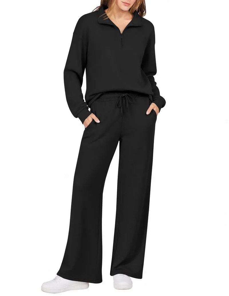Half-Zip Turn-Down Collar Sweatshirt & Wide Leg Pants 2-Piece Set sold by Ekouaer product image thumbnail 4