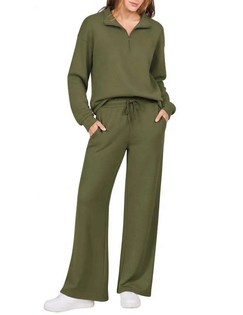 Half-Zip Turn-Down Collar Sweatshirt & Wide Leg Pants 2-Piece Set sold by Ekouaer product image thumbnail 3