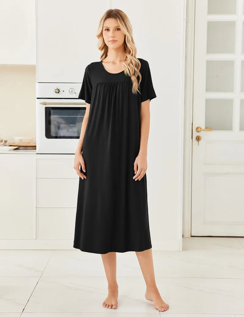 Bamboo Viscose Crew Neck Short Sleeve Pleated Long Nightgown sold by Ekouaer product image thumbnail 5