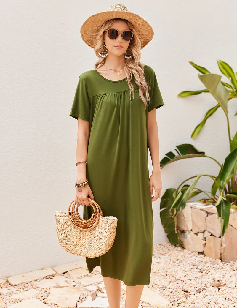 Bamboo Viscose Crew Neck Short Sleeve Pleated Long Nightgown sold by Ekouaer product image thumbnail 2