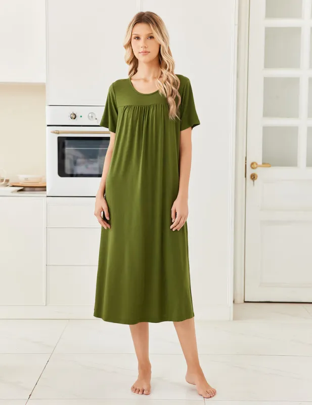 Bamboo Viscose Crew Neck Short Sleeve Pleated Long Nightgown made by Ekouaer