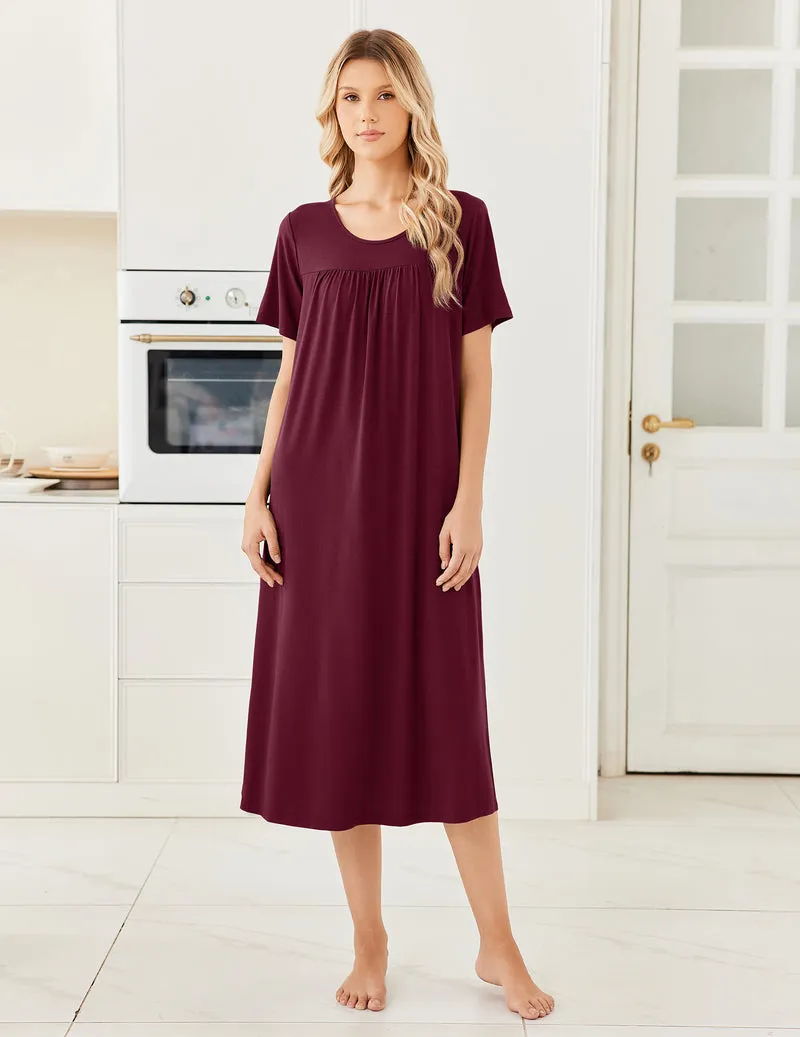 Bamboo Viscose Crew Neck Short Sleeve Pleated Long Nightgown sold by Ekouaer product image thumbnail 4