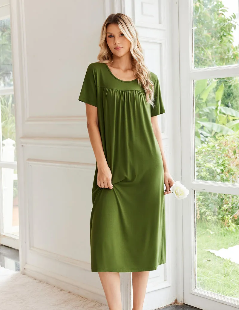 Bamboo Viscose Crew Neck Short Sleeve Pleated Long Nightgown sold by Ekouaer product image thumbnail 3