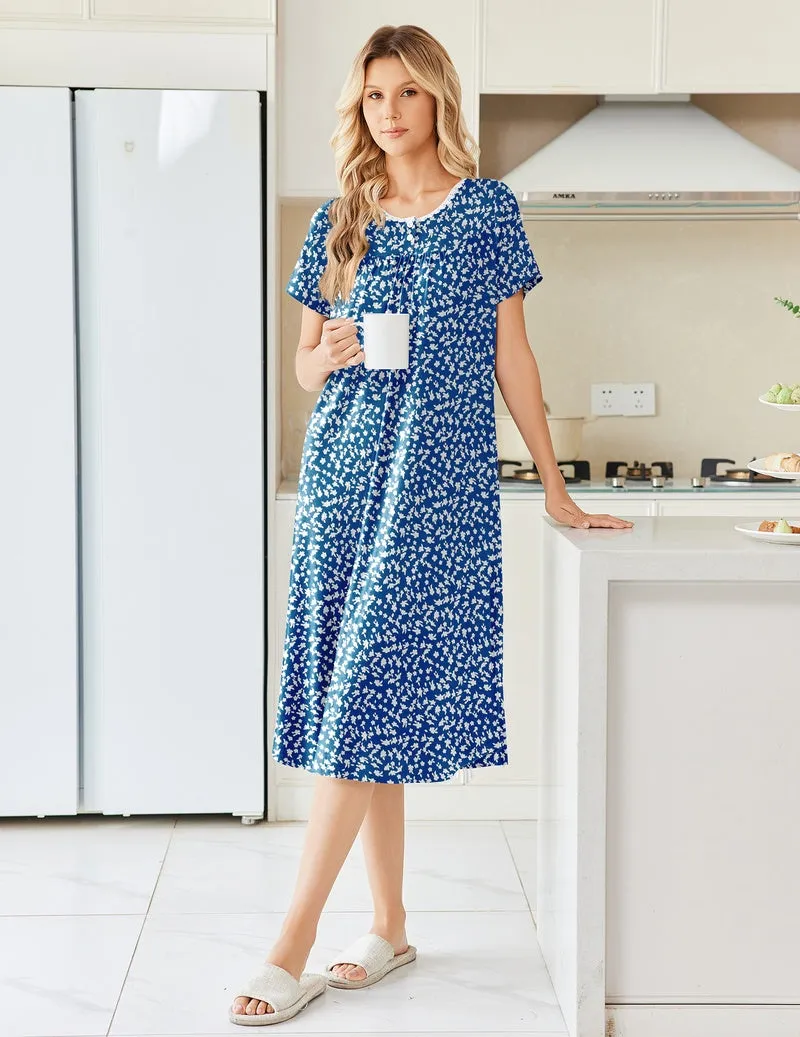 Pleated Henley Short Sleeve Floral Long Nightgown with Pocket sold by Ekouaer product image thumbnail 5