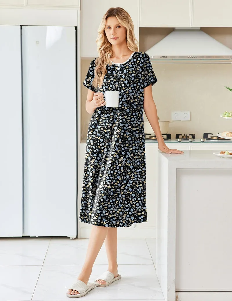 Pleated Henley Short Sleeve Floral Long Nightgown with Pocket sold by Ekouaer