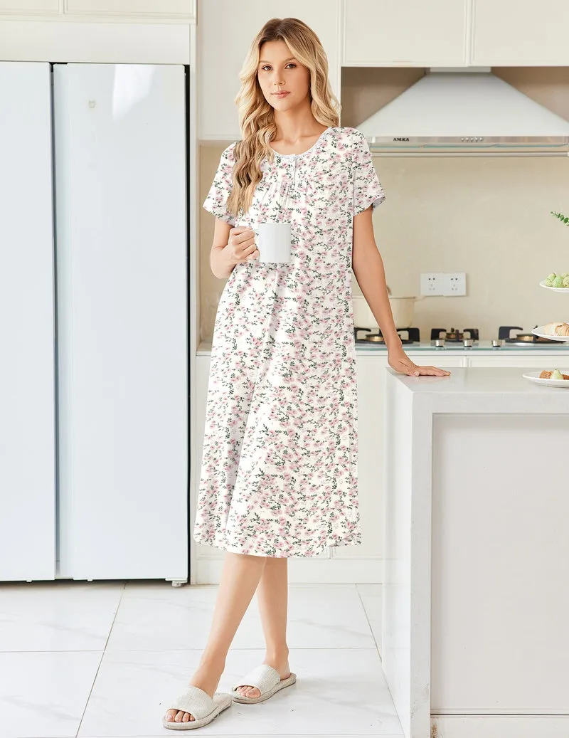 Pleated Henley Short Sleeve Floral Long Nightgown with Pocket sold by Ekouaer product image thumbnail 4