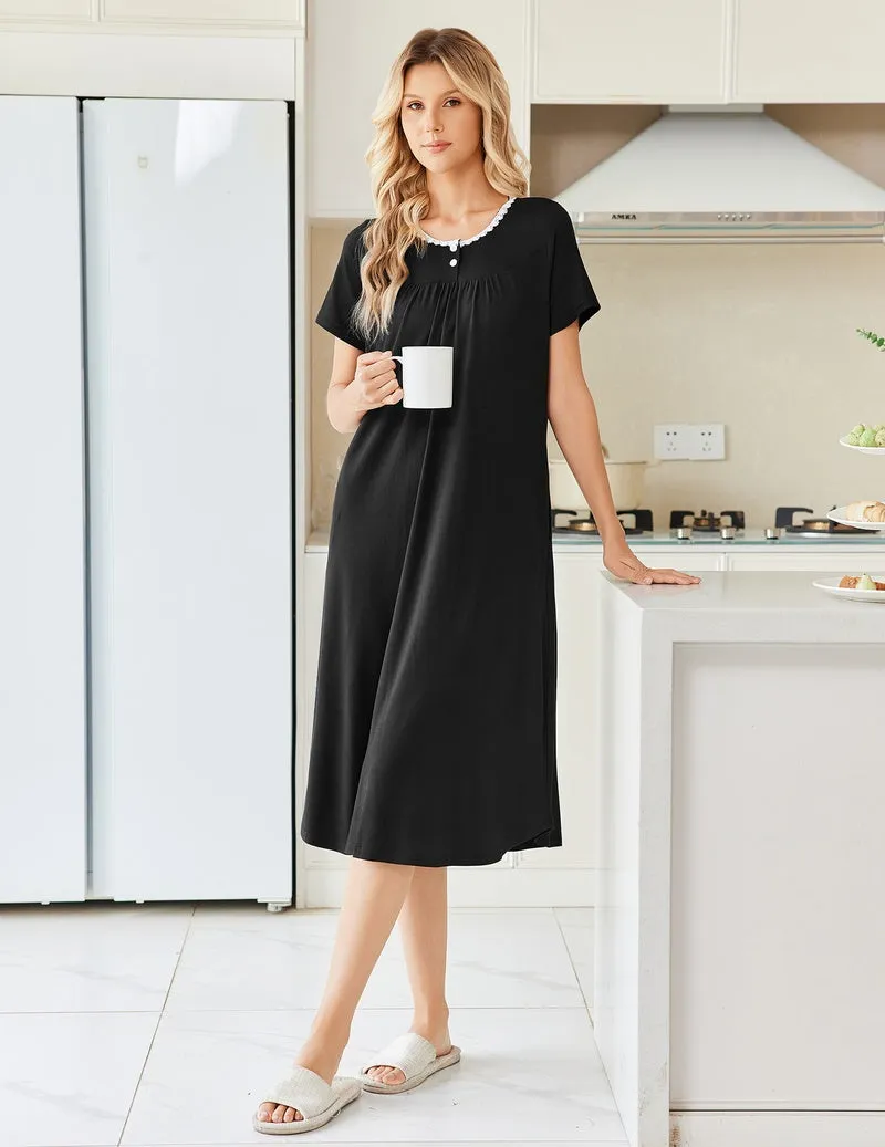 Pleated Henley Short Sleeve Floral Long Nightgown with Pocket sold by Ekouaer product image thumbnail 2