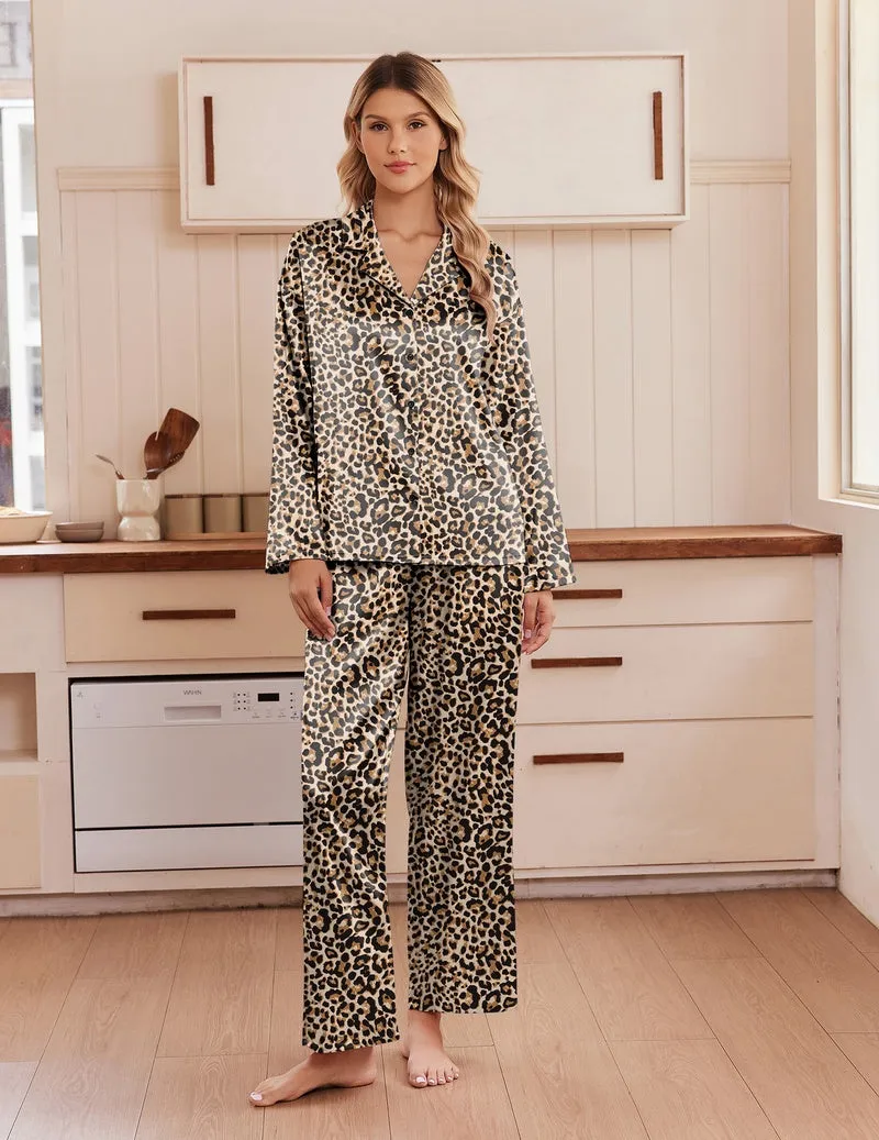 Satin Notch Collar Button-Up Long Sleeve 2-Piece Pajama Set sold by Ekouaer product image thumbnail 2