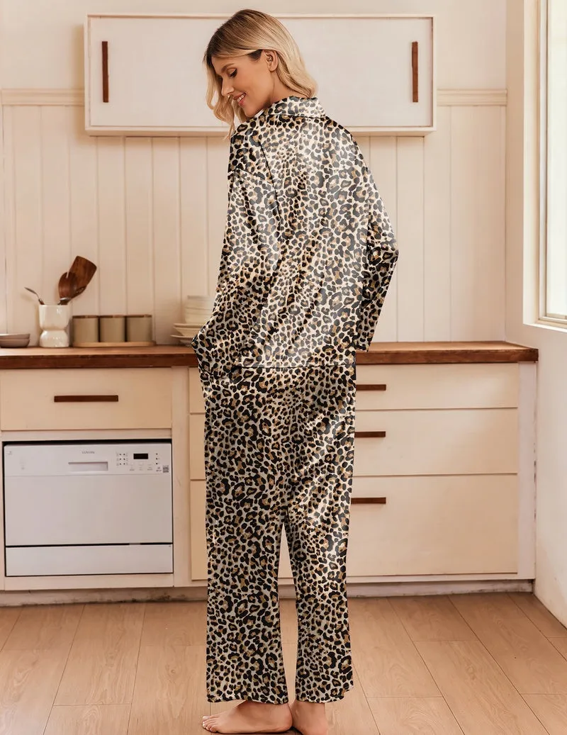 Satin Notch Collar Button-Up Long Sleeve 2-Piece Pajama Set sold by Ekouaer product image thumbnail 3
