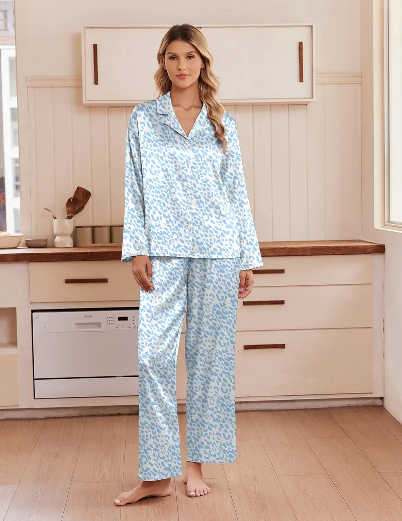 Satin Notch Collar Button-Up Long Sleeve 2-Piece Pajama Set sold by Ekouaer product image thumbnail 4