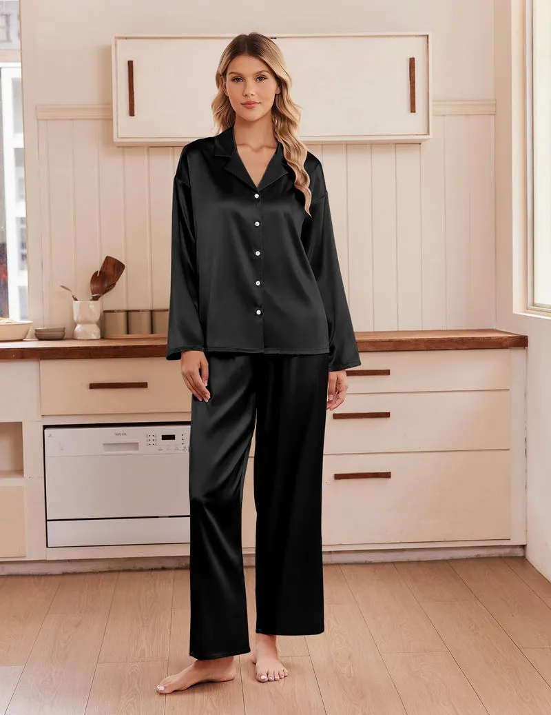 Satin Notch Collar Button-Up Long Sleeve 2-Piece Pajama Set sold by Ekouaer product image thumbnail 5