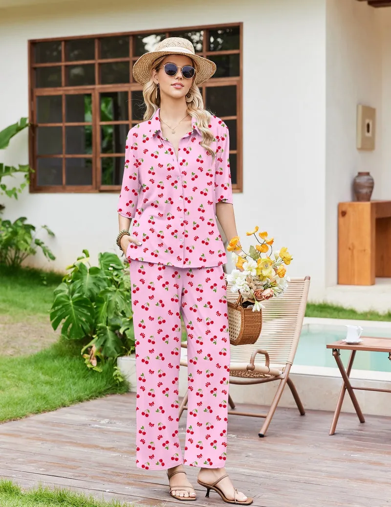 Button-Up Short Sleeve Top & Elastic Waist Long Pants Pajama Set sold by Ekouaer product image thumbnail 5