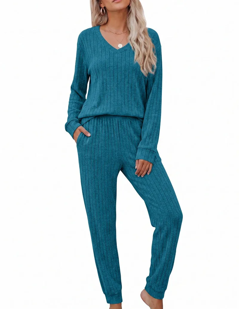 Fleece Ribbed Knit V-Neck Long Sleeve Top & Jogger Pants Lounge Set sold by Ekouaer product image thumbnail 3