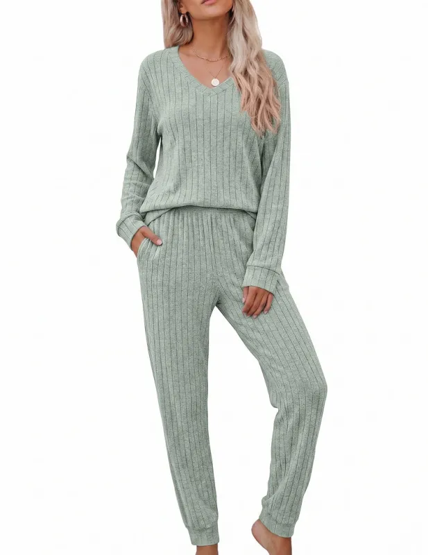 Fleece Ribbed Knit V-Neck Long Sleeve Top & Jogger Pants Lounge Set made by Ekouaer