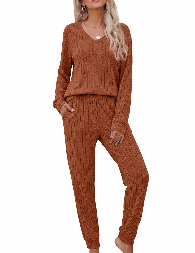 Fleece Ribbed Knit V-Neck Long Sleeve Top & Jogger Pants Lounge Set sold by Ekouaer product image thumbnail 4