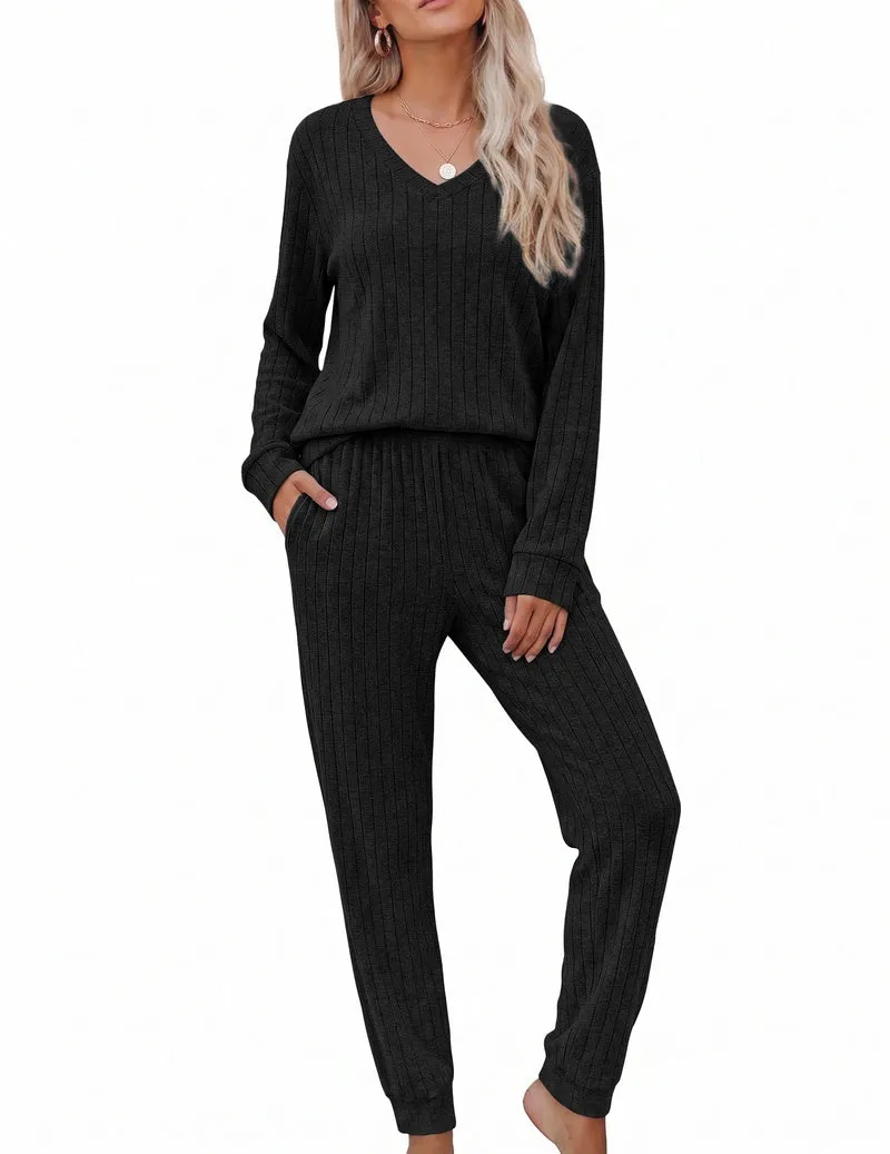 Fleece Ribbed Knit V-Neck Long Sleeve Top & Jogger Pants Lounge Set sold by Ekouaer product image thumbnail 2