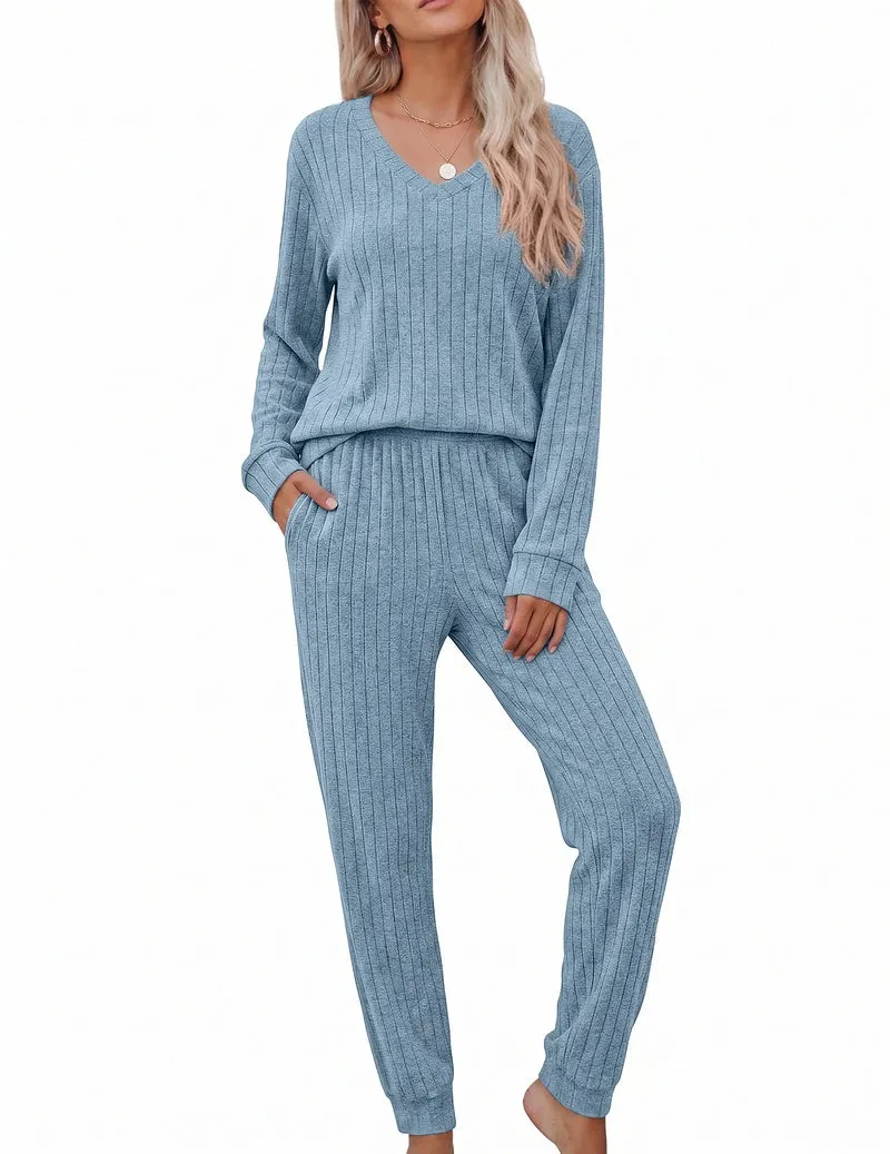 Fleece Ribbed Knit V-Neck Long Sleeve Top & Jogger Pants Lounge Set sold by Ekouaer product image thumbnail 5