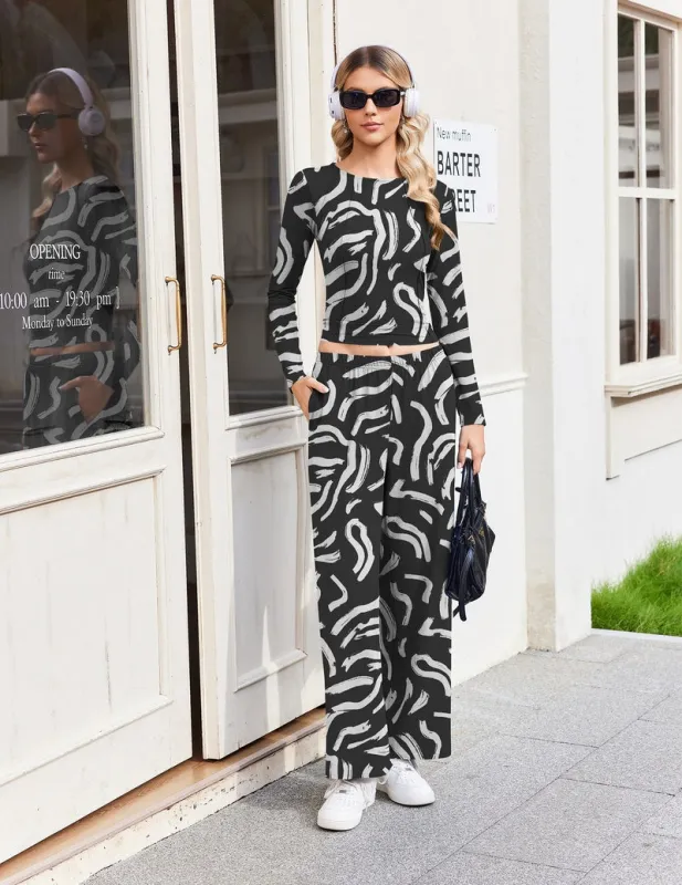 Rayon Slim Crew Neck Ruched Top & Wide Leg Pants 2-Piece Set made by Ekouaer