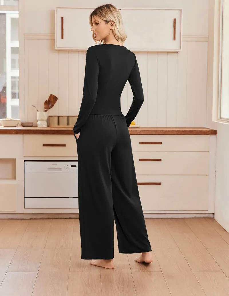 Rayon Slim Crew Neck Ruched Top & Wide Leg Pants 2-Piece Set sold by Ekouaer product image thumbnail 4