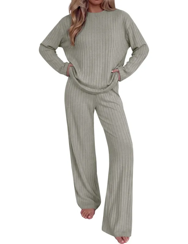 Ribbed Mock Neck Drop Shoulder Long Sleeve Top & Wide Leg Pants Set made by Ekouaer
