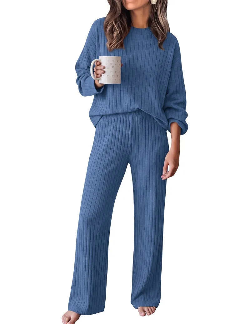 Ribbed Mock Neck Drop Shoulder Long Sleeve Top & Wide Leg Pants Set sold by Ekouaer product image thumbnail 4